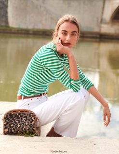 apranga lt Boden moterys Anna rib crew marškinėliai pievos žalia ir dramblio kaulo juostelė 284XZZ197