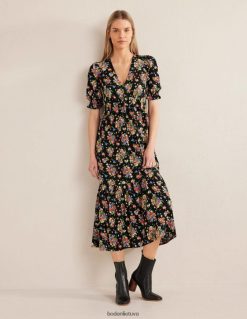 apranga lt Boden moterys raukinių detalių midi arbatos suknelė juodas ir laukinis klasteris 284XZZ2117
