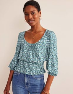 apranga lt Boden moterys smocked jersey peplum viršus Egėjo mėlynasis ir saulėgrąžų pavasaris 284XZZ110